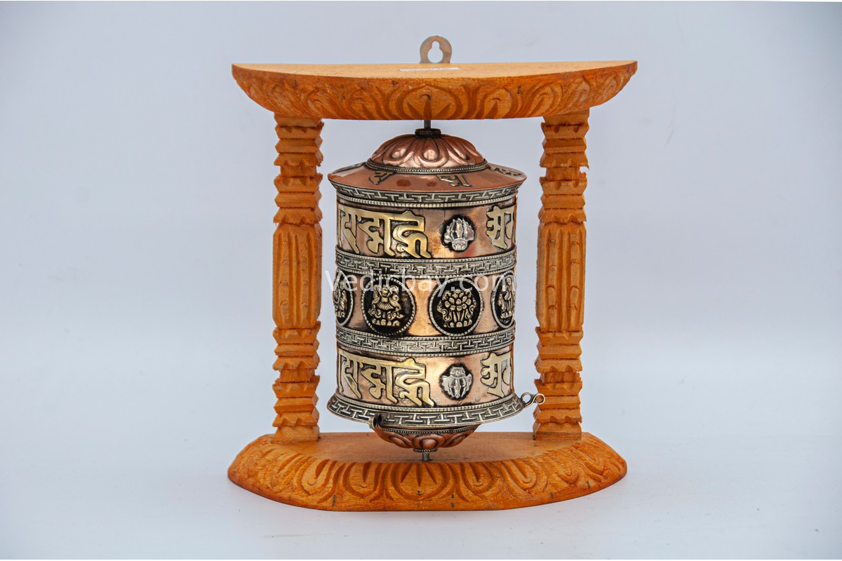 “8-inch wall hanging Tibetan prayer wheel with wooden frame and Austamangal symbol, handmade in Nepal”