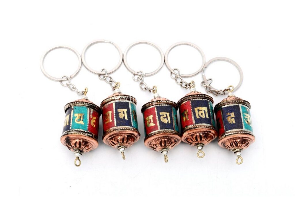 Set of 5 stone inlaid Tibetan Prayer Wheel key rings with Om Mani Padme Hum mantra, handmade in Nepal