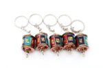 Set of 5 stone inlaid Tibetan Prayer Wheel key rings with Om Mani Padme Hum mantra, handmade in Nepal