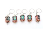 Set of 5 stone inlaid Tibetan Prayer Wheel key rings with Om Mani Padme Hum mantra, handmade in Nepal