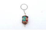 Set of 5 stone inlaid Tibetan Prayer Wheel key rings with Om Mani Padme Hum mantra, handmade in Nepal