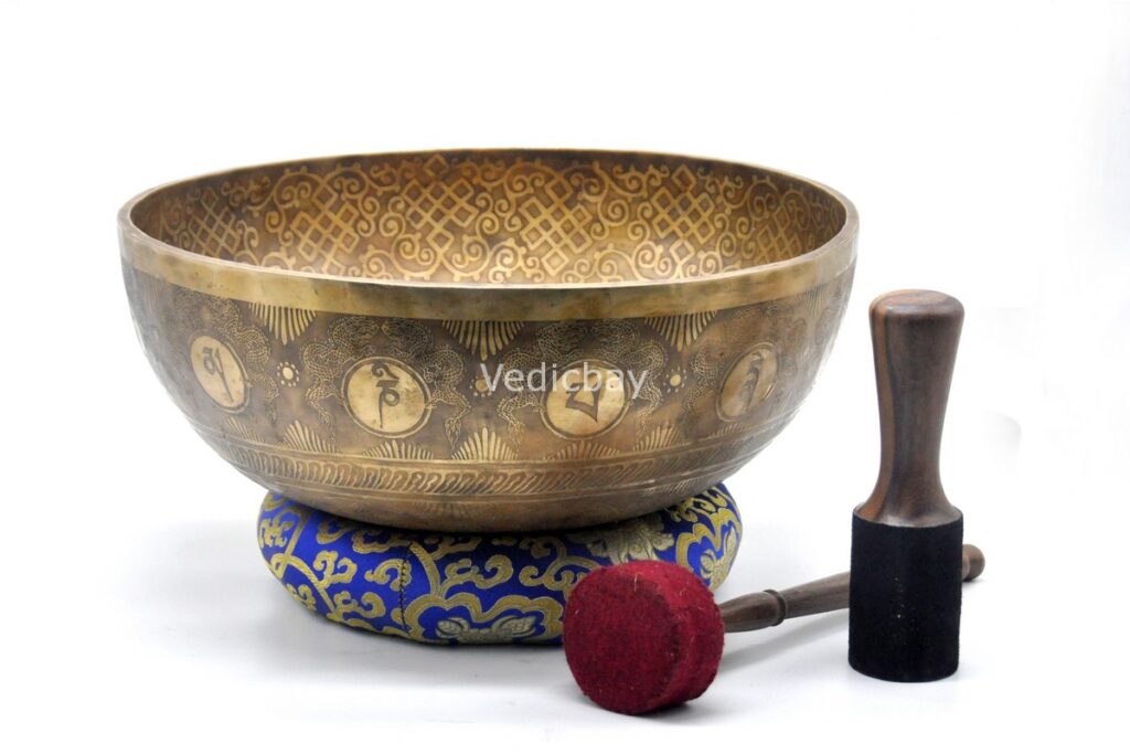 Extra large handmade singing bowl with Shree Yantra carving for healing, yoga, and sound bath