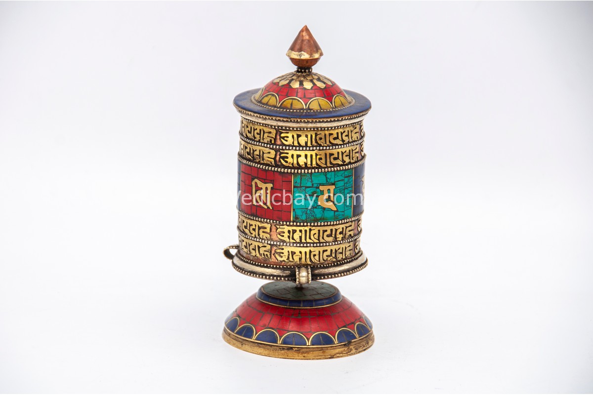 Tibetan Prayer Wheel – 6.5 Inch Tabletop with Brass Mantra and Stone Inlay – Handmade in Nepal