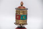 Tibetan Prayer Wheel – 6.5 Inch Tabletop with Brass Mantra and Stone Inlay – Handmade in Nepal