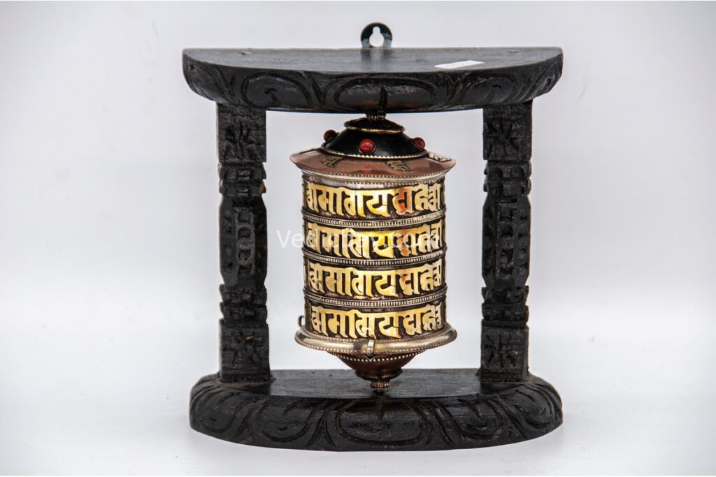 7-Inch Wall Hanging Tibetan Prayer Wheel with Wooden Frame - Handmade in Nepal