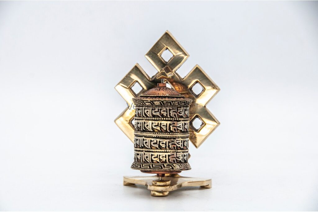 5 inch tabletop Tibetan prayer wheel with 4-line mantra and brass base handmade in Nepal