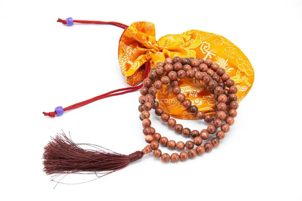 Sunstone Mala – handcrafted 108-bead prayer necklace made from natural sunstone, symbolizing joy, vitality, and personal power. Ideal for meditation, mantra chanting, and energy boosting practices.