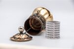 Tabletop copper prayer wheel with brass detailing