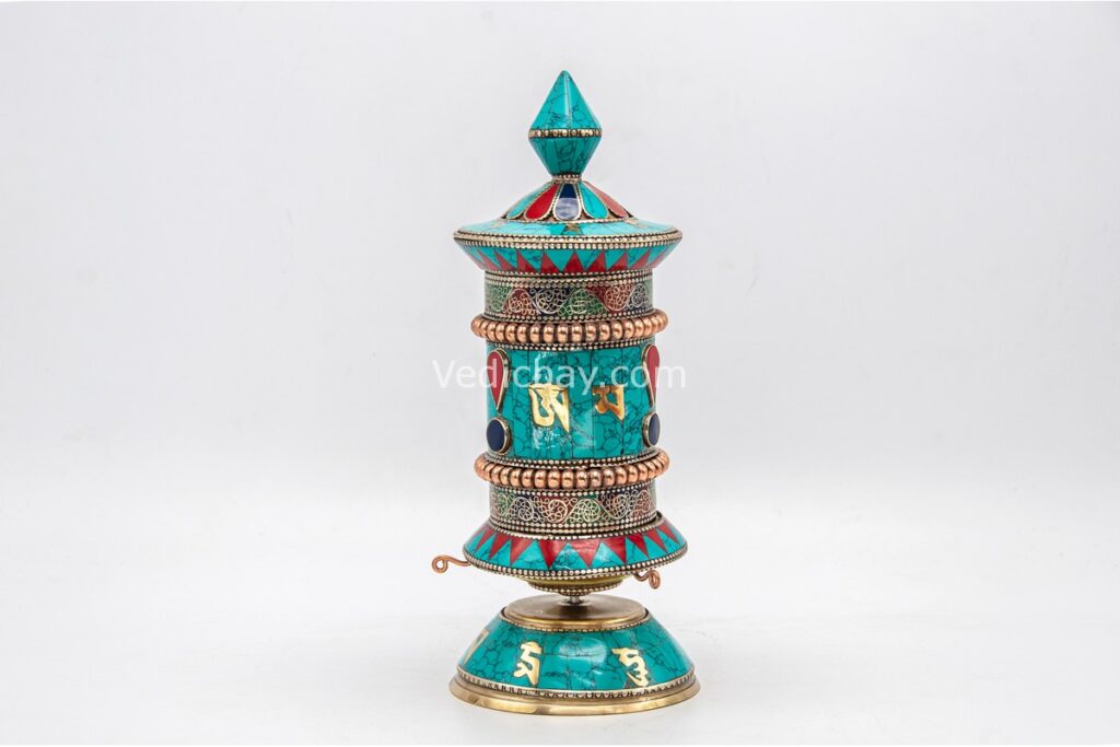 10-inch Tibetan Prayer Wheel with Coral, Turquoise, and Lapis Stone Inlay – Handmade in Nepal