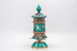 10-inch Tibetan Prayer Wheel with Coral, Turquoise, and Lapis Stone Inlay – Handmade in Nepal