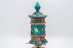 10-inch Tibetan Prayer Wheel with Coral, Turquoise, and Lapis Stone Inlay – Handmade in Nepal