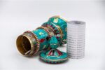 10-inch Tibetan Prayer Wheel with Coral, Turquoise, and Lapis Stone Inlay – Handmade in Nepal