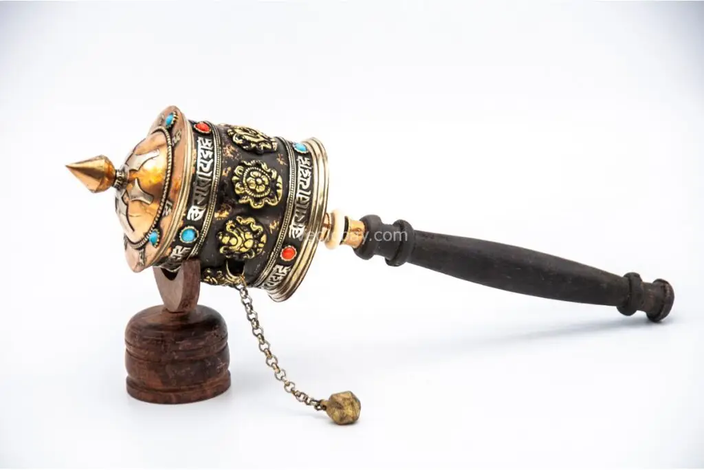 Eight Auspicious Symbol Tibetan Prayer Wheel with wooden handle