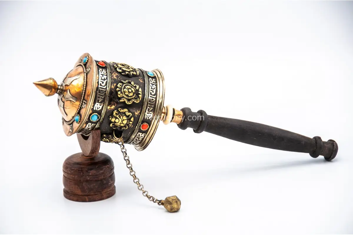 tibetan-prayer-wheel-handheld Eight Auspicious Symbol Tibetan Prayer Wheel with wooden handle