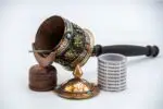 Eight Auspicious Symbol Tibetan Prayer Wheel with wooden handle
