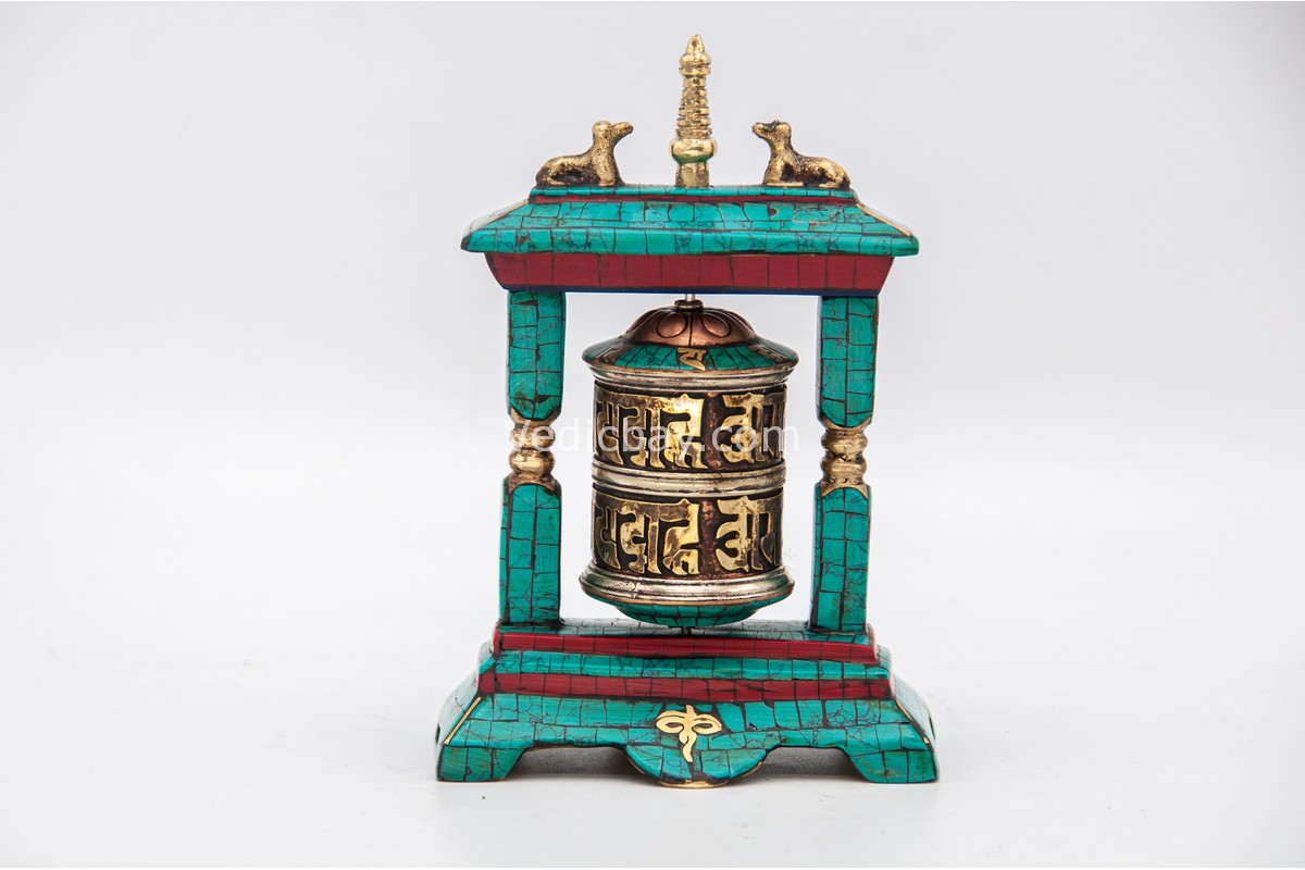 Tibetan Prayer Wheel – 5.5 Inch with 2-Line Mantra and Stone Inlay – Handmade in Nepal