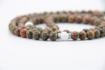 Unakite Stone Mala – handcrafted 108-bead prayer necklace made from natural unakite gemstones, symbolizing emotional healing, balance, and heart chakra activation. Ideal for meditation, mantra chanting, and inner harmony