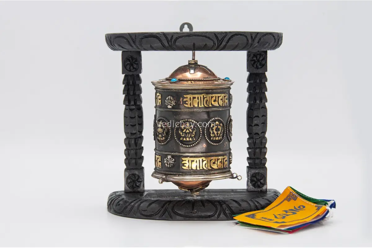 Wall hanging Tibetan prayer wheel with Austamangal and carved wooden base