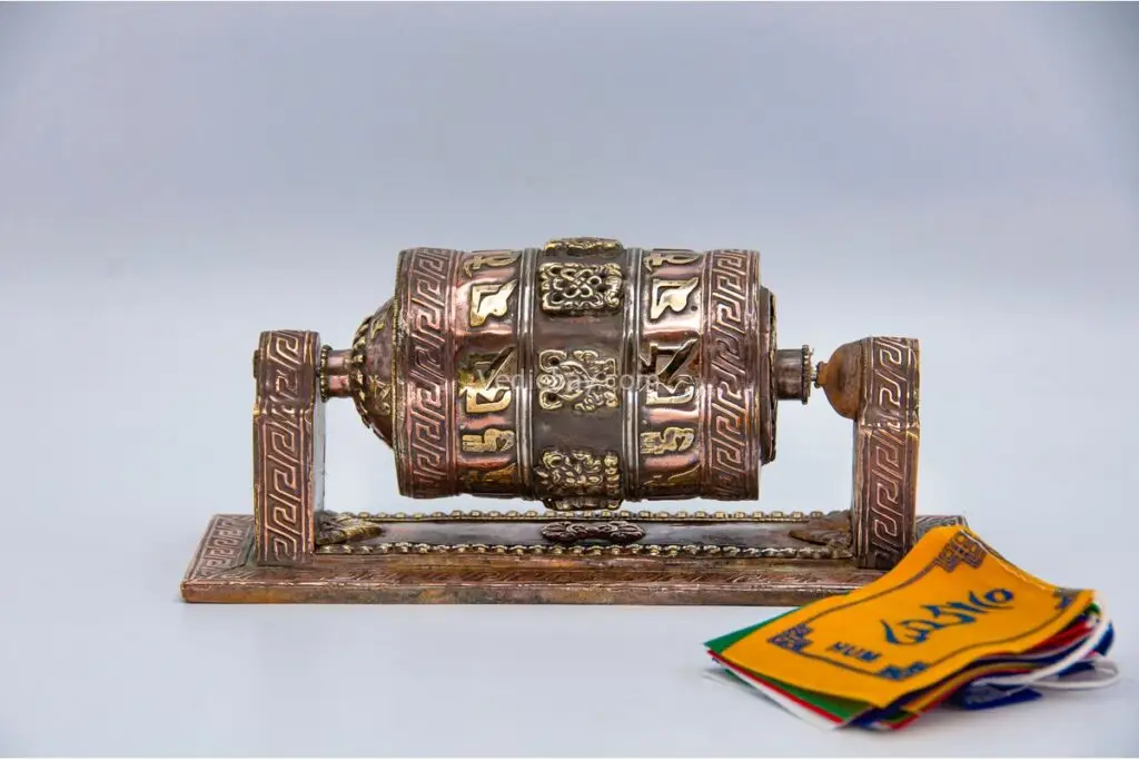 Wall Mounting Copper Prayer Wheel with Garuda and stupa frame – handmade in Nepal