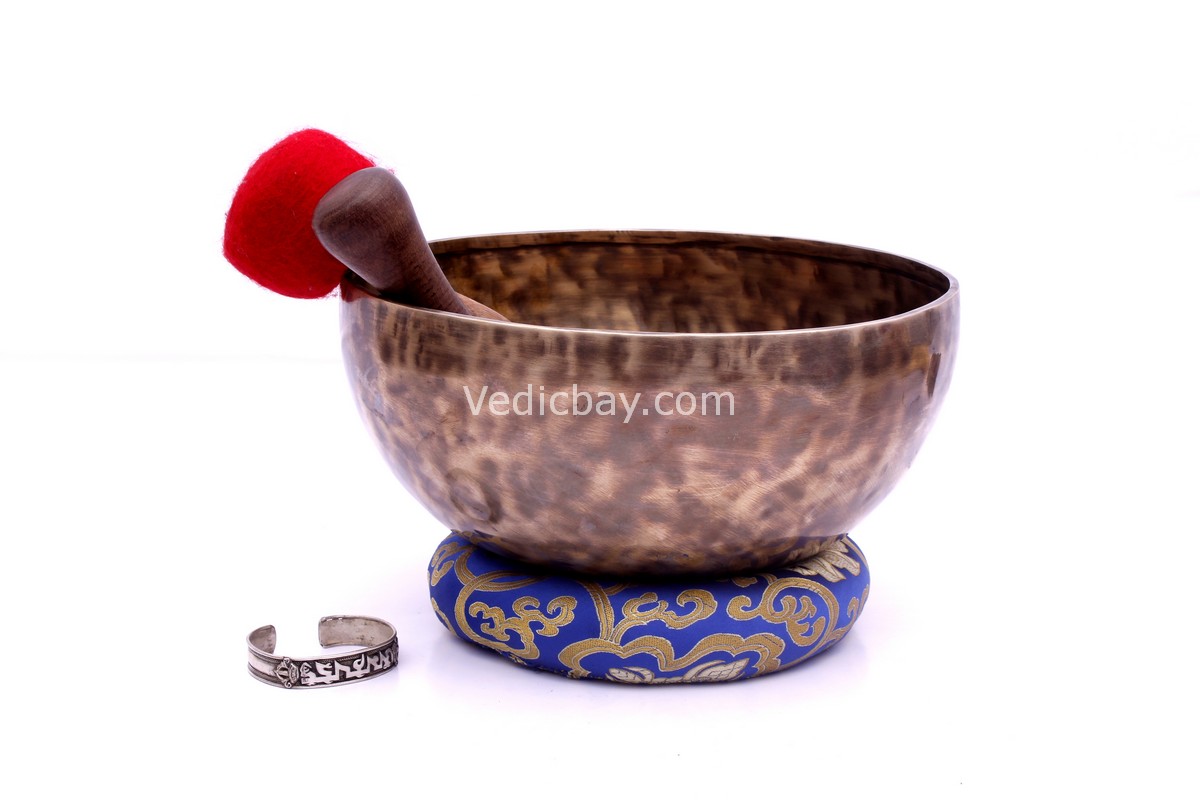 10-Inch Old Finish Handmade Singing Bowl with Cushion, Mallet & Mantra Bracelet