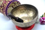 10-Inch Jhumka Full Moon Singing Bowl with cushion, mallet, felt drum stick, and Tibetan silk bag – handmade in Nepal