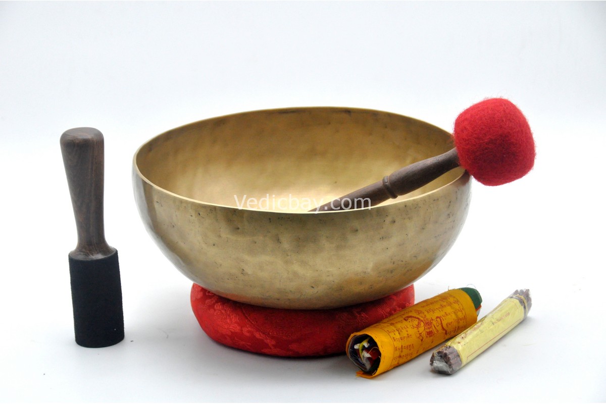 11-Inch Handmade Tibetan Singing Bowl – Dim Finish with Mallet, Felt Striker, Cushion, Potala Incense & Prayer Flag