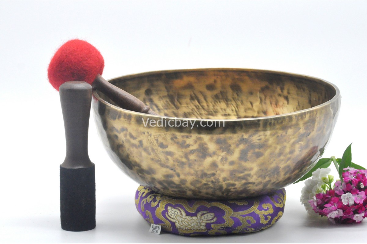 11-Inch Old Finish Handmade Singing Bowl with Cushion, Mallet & Mantra Bracelet