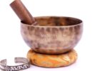 6-inch Handmade Old Finish Singing Bowl from Nepal with cushion, mallet, and mantra-embossed Tibetan bracelet for chakra healing and meditation