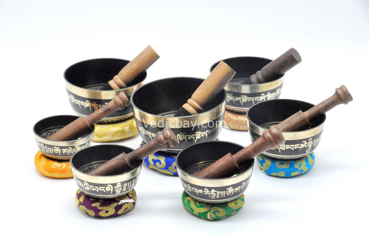 7 Chakra Black Painted Tibetan Singing Bowl Set with Buddha Eyes inside and mantra around – handmade in Nepal