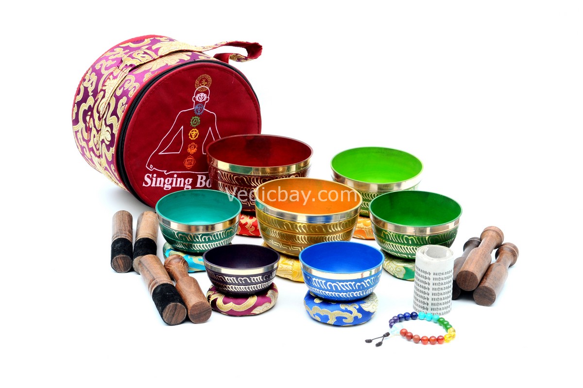 7 Chakra Healing Singing Bowl Set of 7 – Handmade in Nepal with color painted chakra symbols