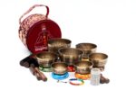 7 Chakra Tibetan Mantra Etched Singing Bowl Set of 7 with mallets, cushions, carry box, and bracelet – handmade in Nepal