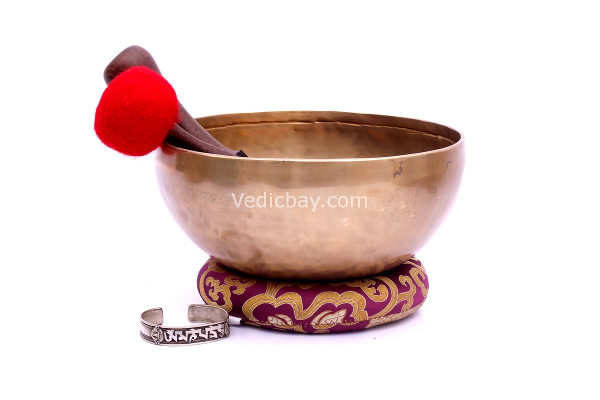 9-Inch Handmade Tibetan Singing Bowl – Dim Finish with Mallet, Felt Striker, Cushion & Bracelet