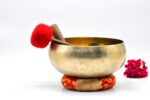 9 inch handmade Tibetan Therapy singing bowl with dim finish – thin wall design, includes mallet, felt drum stick, and cushion