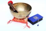 10-Inch Full Moon Singing Bowl with wooden mallet, felt drum stick, and ring cushion – handmade in Nepal