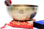 10-Inch Full Moon Singing Bowl with wooden mallet, felt drum stick, and ring cushion – handmade in Nepal