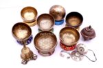 Mini Professional 7 Chakra Tibetan Singing Bowl Set handmade in Nepal with bowls, mallets, cushions, bell, tingsa, and incense burner