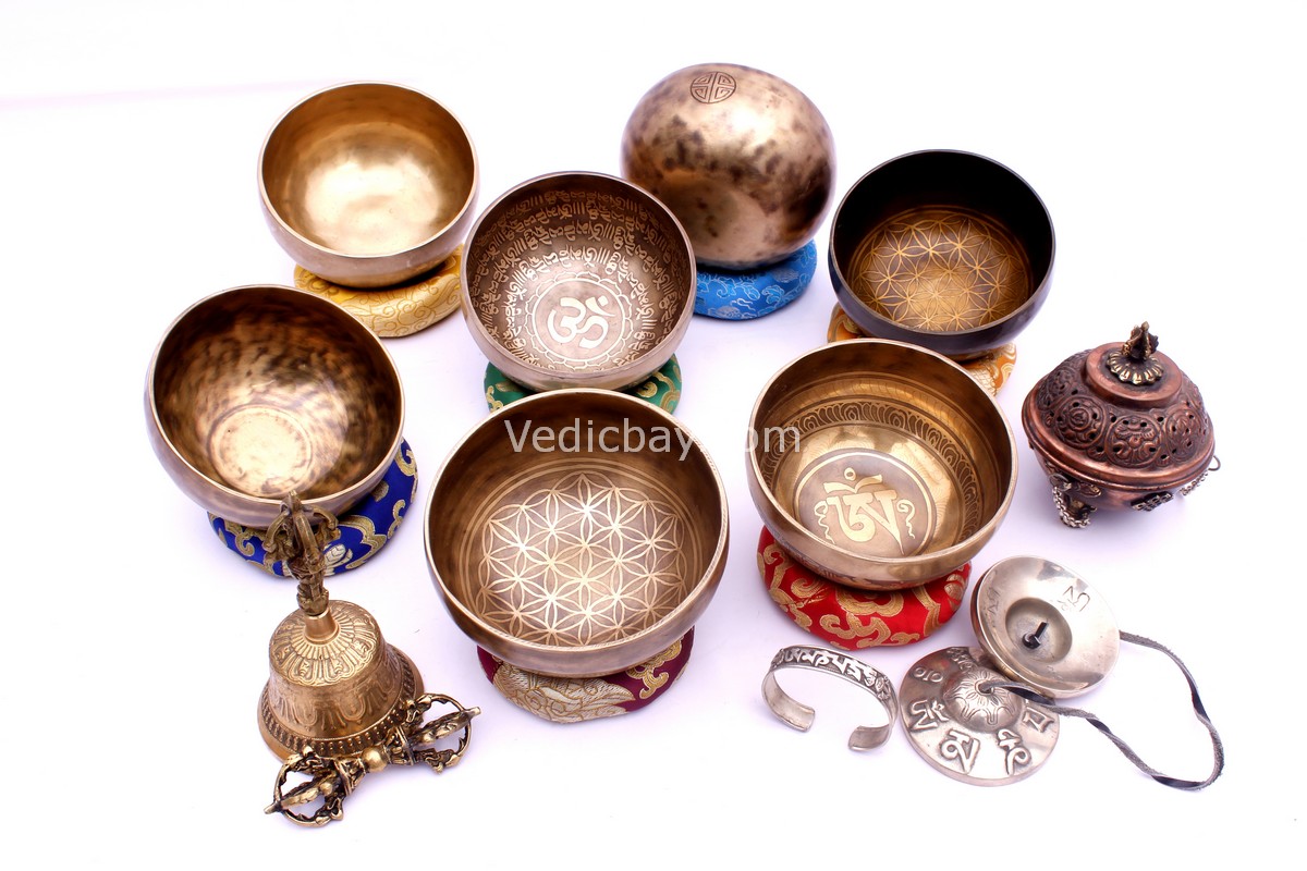 Mini Professional 7 Chakra Tibetan Singing Bowl Set handmade in Nepal with bowls, mallets, cushions, bell, tingsa, and incense burner