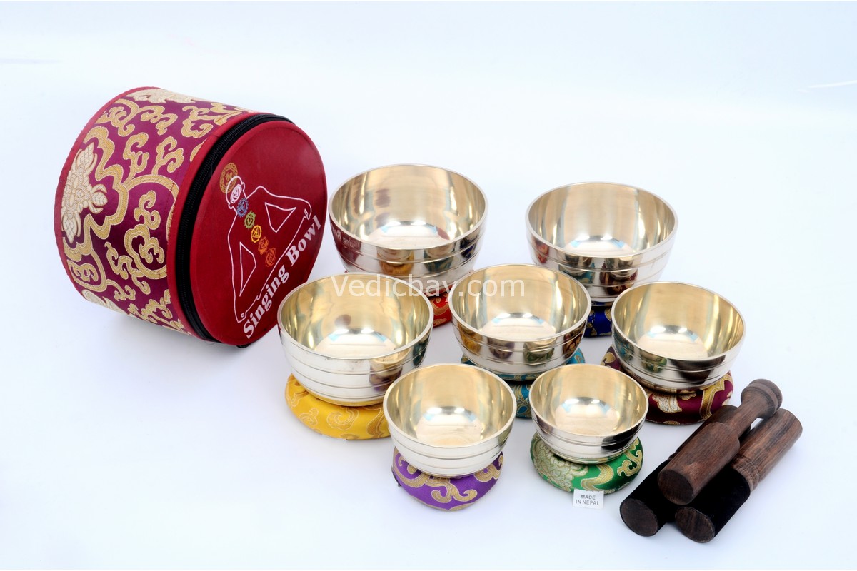 Plain Shiny Singing Bowl Set of 7 with flat cushions, mallets, and carry case – handmade in Nepal