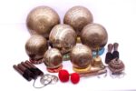 Professionally tuned 7 chakra Tibetan singing bowl set with mantra etching, handmade in Nepal with bell, tingsa, and accessories