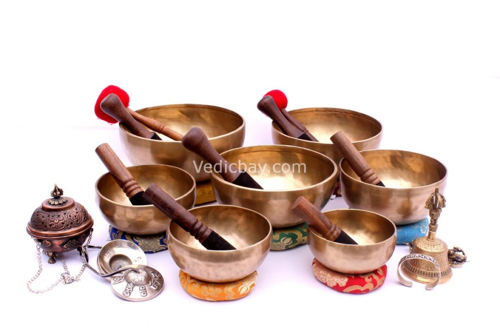 Professionally Tuned Tibetan Singing Bowl Set – 7 Chakra Bowls with Mallets, Cushions, Felt Strikers, Tibetan Bell, Incense Burner & Tingsa