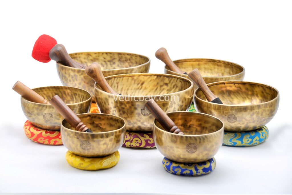 Professionally tuned Tibetan Full Moon Singing Bowl Set of 7 for chakra healing, meditation, and sound therapy – handmade in Nepal